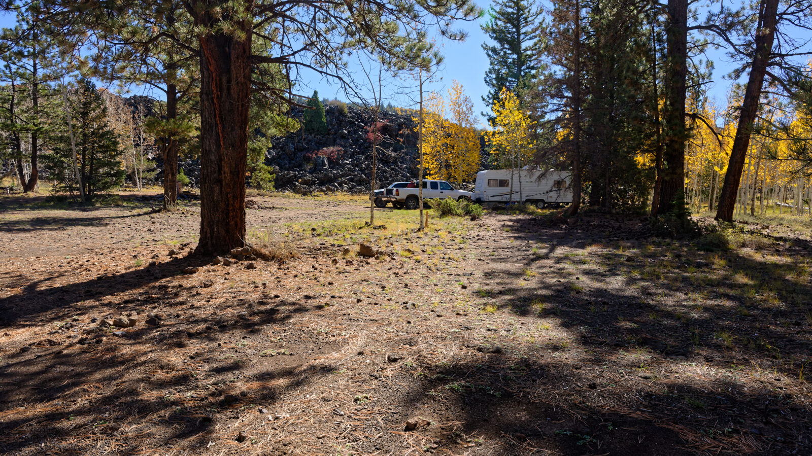 Shady camp spot in the trees, not private. Room for at least three rigs.