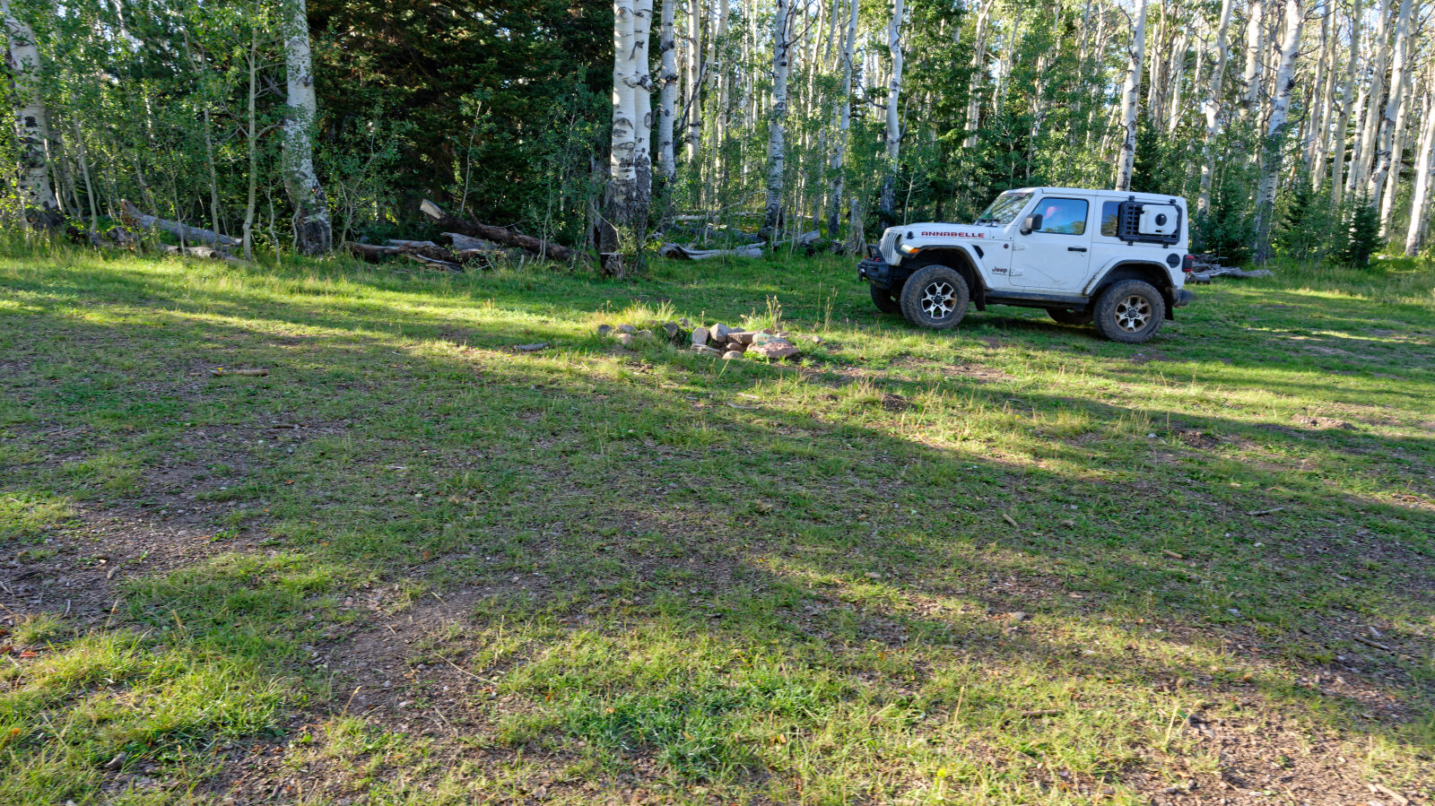 A couple of camping spots set a little off the road in trees, with some privacy and shade. Each holds two or maybe three rigs.