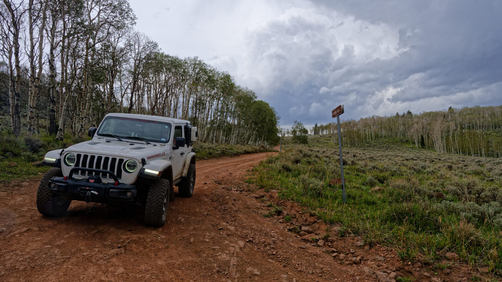 The view opens up over a valley with lots of open space. There are campers among the aspens.