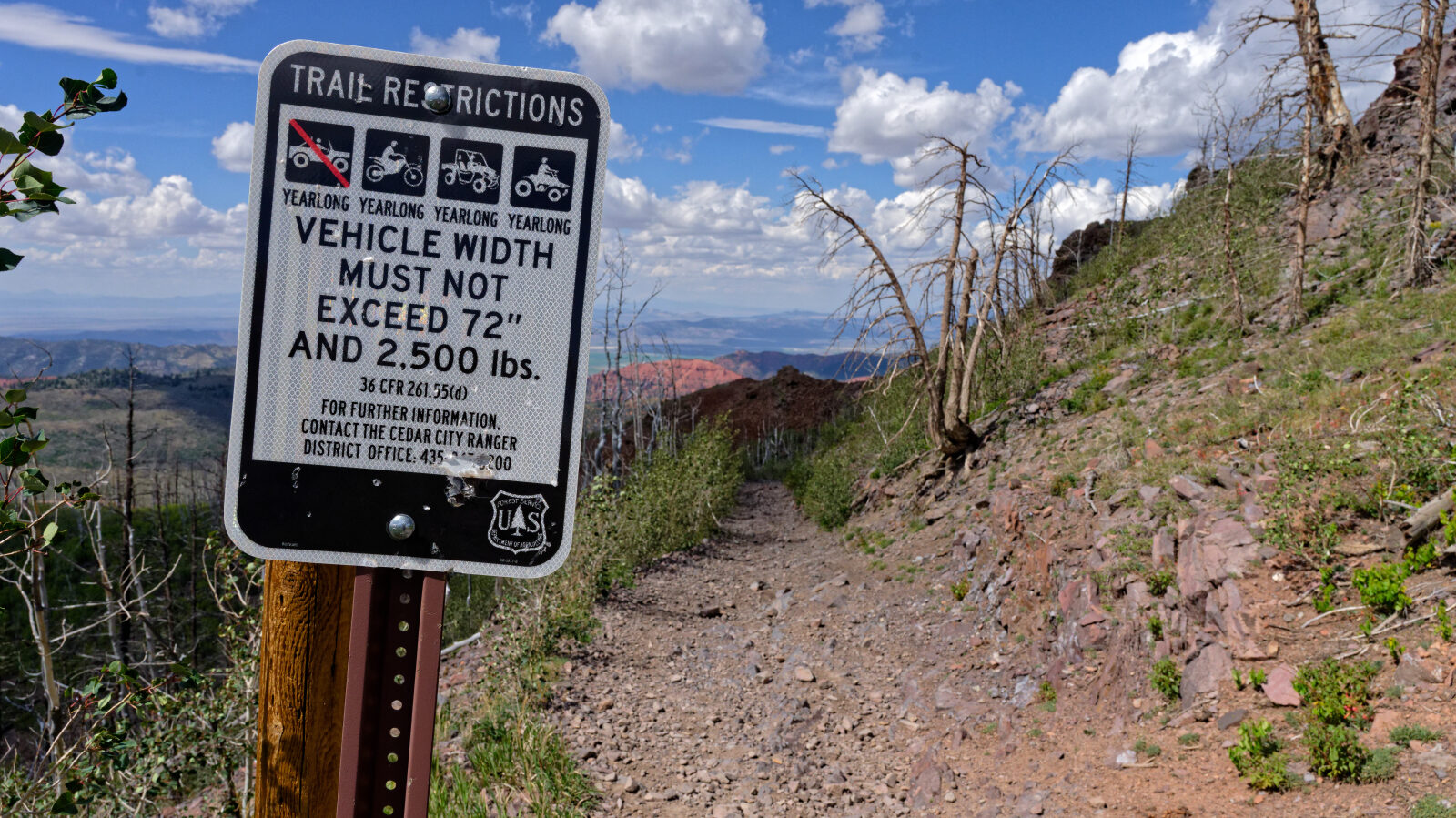 The trail ends at a 72 inch wide restricted trail with a 2,500 lb weight limit. The shale shelf road would let a heavier rig slide off. The top has views of Yankee Meadows Reservoir, Parowan Gap and the mountains in Nevada.