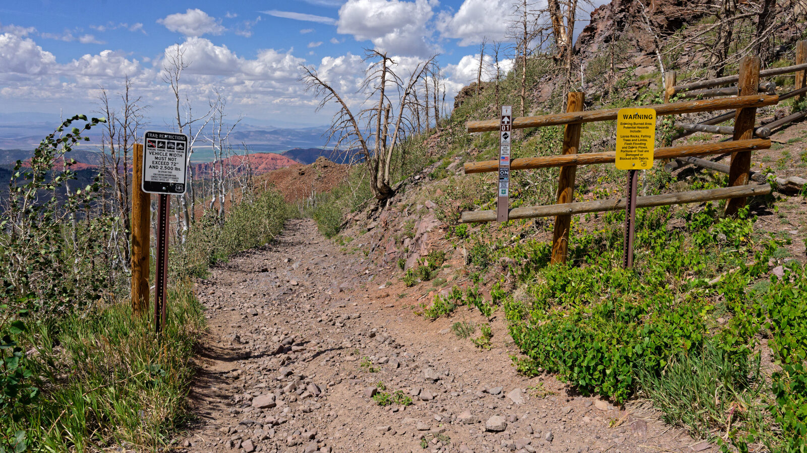 The trail ends at a 72 inch wide restricted trail with a 2,500 lb weight limit. The shale shelf road would let a heavier rig slide off. The top has views of Yankee Meadows Reservoir, Parowan Gap and the mountains in Nevada.